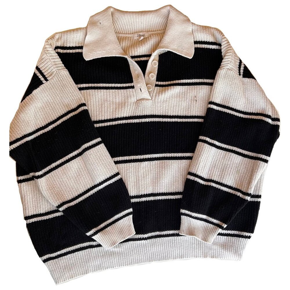 Striped Collared Sweater Cream Black Oversized Pullover